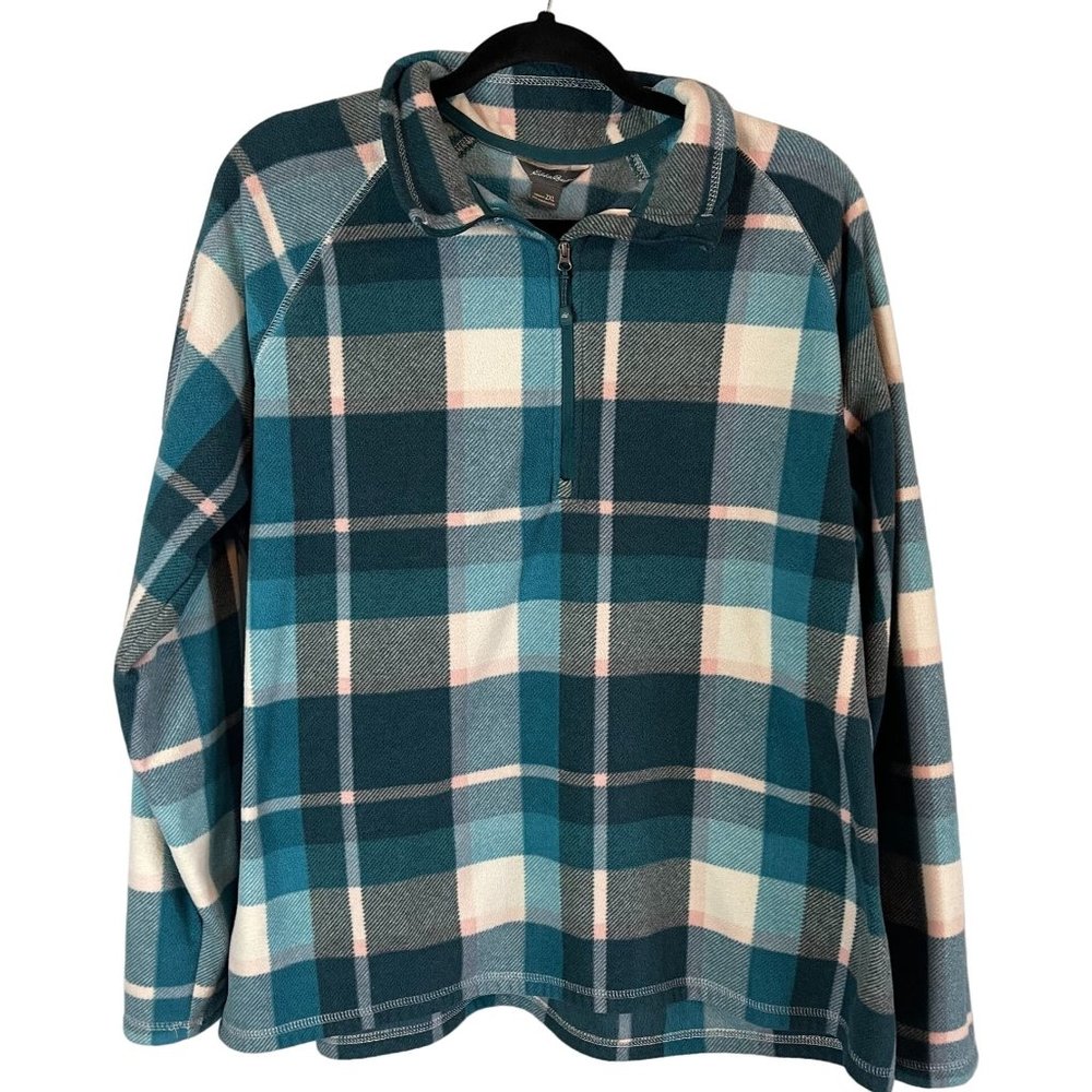 Eddie Bauer Womens Green Plaid Quarter Zip Fleece Pullover 2XL